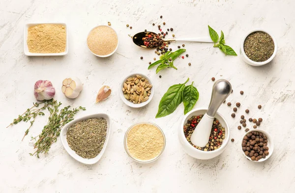 Composition Different Spices Herbs Light Background — Stock Photo, Image