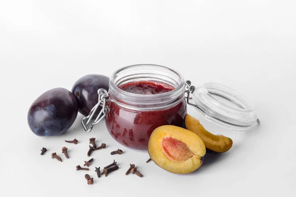 Glass Jar Delicious Homemade Plum Jam White Background — Stock Photo, Image