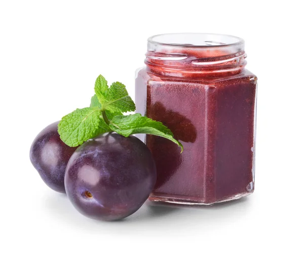 Glass Jar Delicious Homemade Plum Jam White Background — Stock Photo, Image