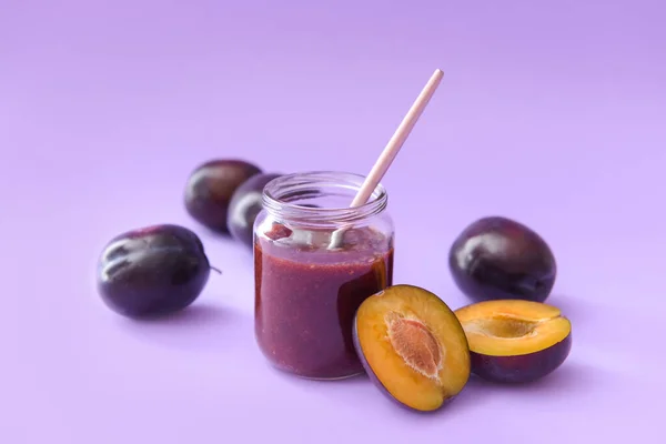 Glass Jar Delicious Homemade Plum Jam Color Background — Stock Photo, Image