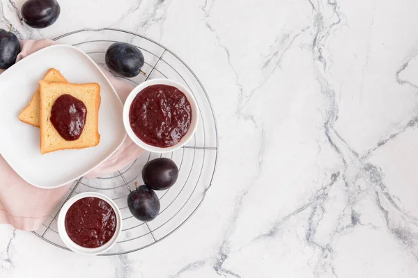 Bowls Delicious Homemade Plum Jam Light Background — Stock Photo, Image