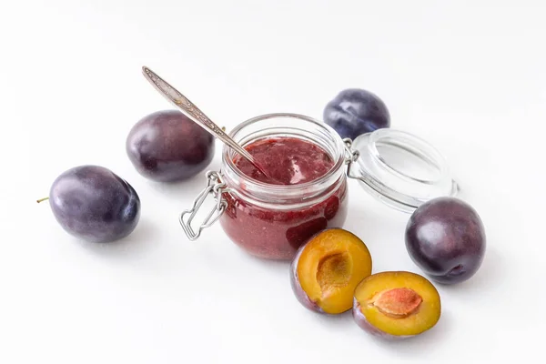 Glass Jar Delicious Homemade Plum Jam White Background — Stock Photo, Image