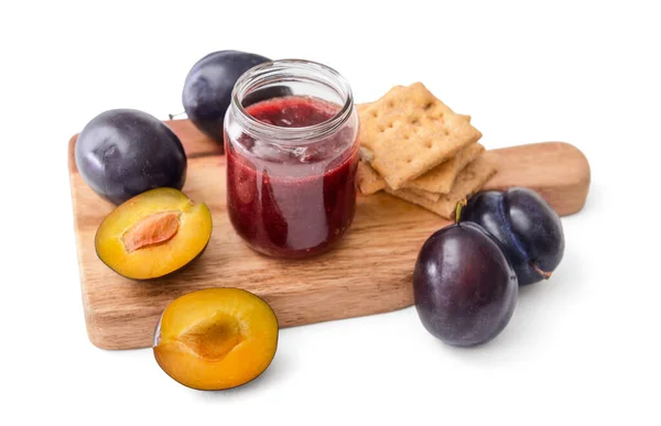 Glass Jar Delicious Homemade Plum Jam White Background — Stock Photo, Image