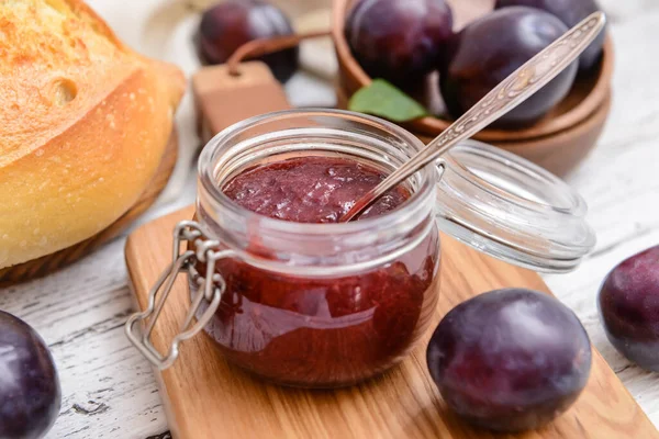 Glass Jar Delicious Homemade Plum Jam Wooden Background — Stock Photo, Image