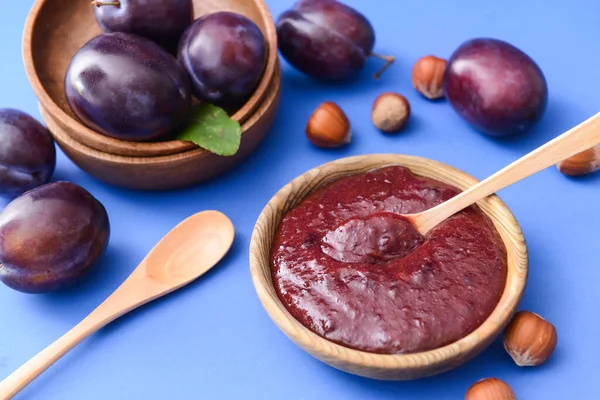 Bowl Delicious Homemade Plum Jam Color Background — Stock Photo, Image