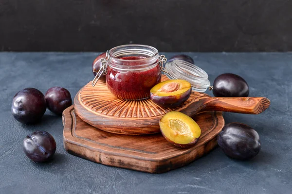 Glass Jar Delicious Homemade Plum Jam Dark Background — Stock Photo, Image