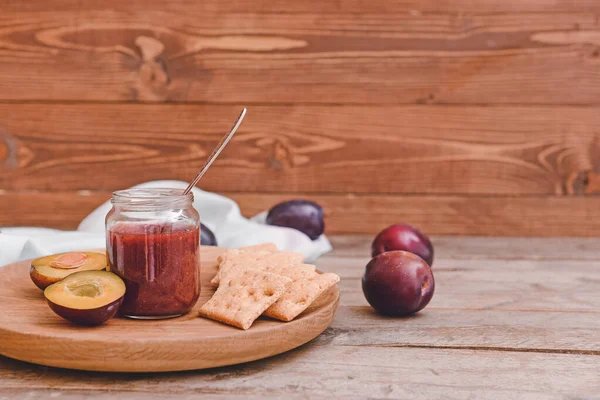 Composition Delicious Homemade Plum Jam Wooden Background — Stock Photo, Image