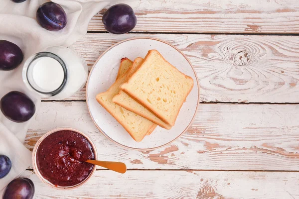 Composition Delicious Homemade Plum Jam Wooden Background — Stock Photo, Image