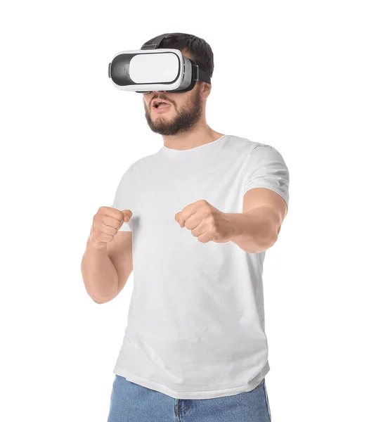 Joven Con Gafas Realidad Virtual Sobre Fondo Blanco —  Fotos de Stock