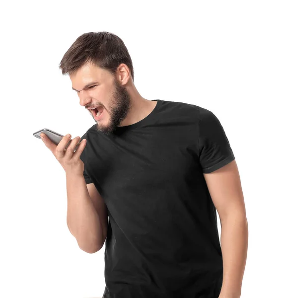 Portrait Angry Man Mobile Phone White Background — Stock Photo, Image