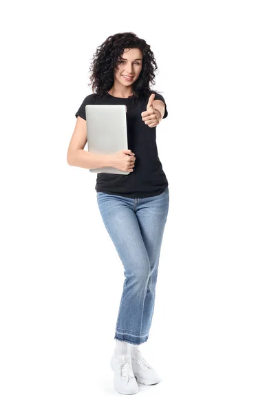 Portrait Young Woman Laptop Showing Thumb Gesture White Background — Stock Photo, Image