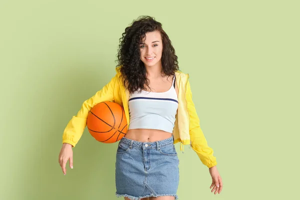 Portrait Stylish Young Woman Ball Playing Basketball Color Background — Stock Photo, Image