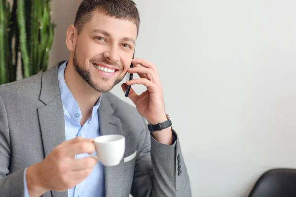 Handsome Man Mobile Phone Cup Hot Espresso Cafe — Stock Photo, Image