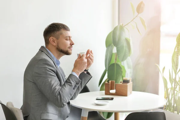 Handsome Man Drinking Hot Espresso Cafe — Stock Photo, Image