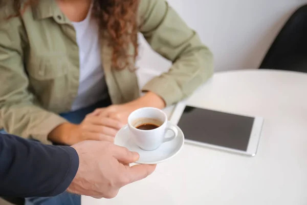 Barista Bringing Hot Espresso Visitor Cafe — Stock Photo, Image