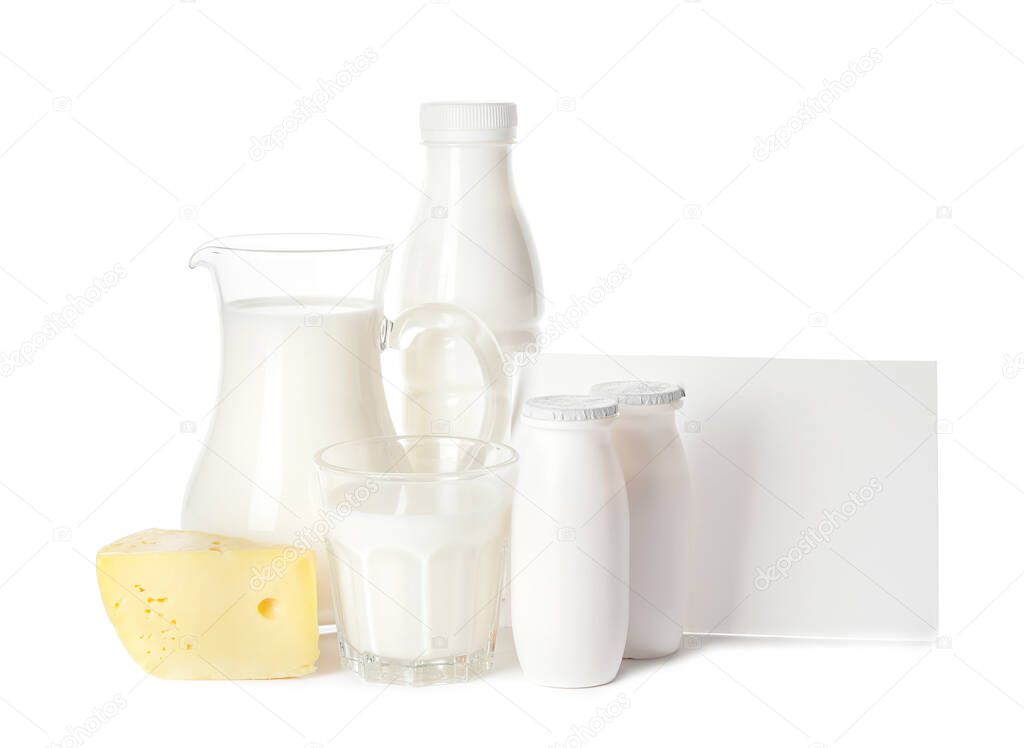 Different dairy products without lactose on white background