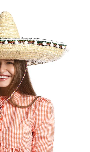 Gyönyörű Fiatal Mexikói Sombrero Kalap Fehér Háttér — Stock Fotó
