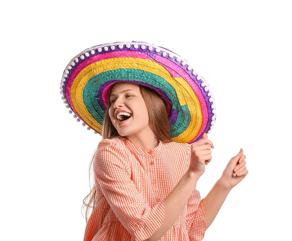 若いですメキシコ人女性でSombrero帽子上の白い背景 — ストック写真