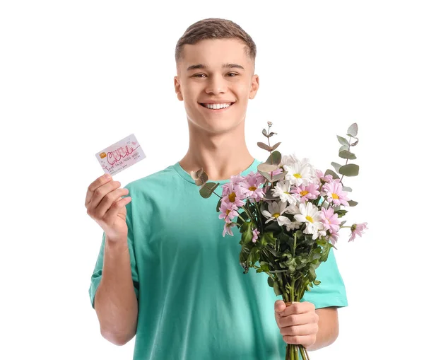 10代の男の子とギフトカードと花の白い背景 — ストック写真