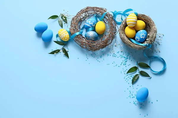 Composition Beautiful Easter Eggs Color Background — Stock Photo, Image