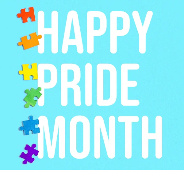 Puzzle Pieces Text Happy Pride Month Color Background — Stock Photo, Image