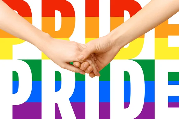 Ženy Drží Ruce Proti Slovům Pride Bílém Pozadí — Stock fotografie