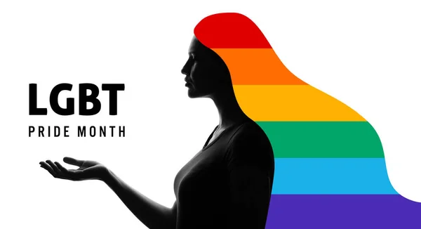 白地に虹色の髪をした女性のシルエット Lgbtプライド月間 — ストック写真