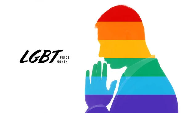 Silhouette Arcobaleno Pregare Uomo Sfondo Bianco Con Testo Lgbt Pride — Foto Stock