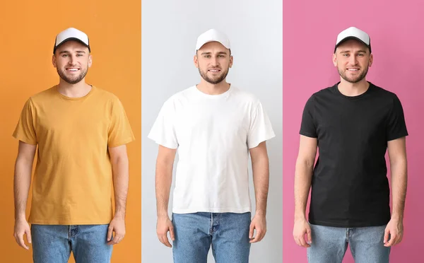 Collage Young Man Stylish Shirts Caps — Stock Photo, Image