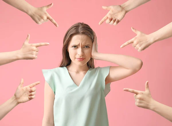 People Bullying Young Woman Color Background — Stock Photo, Image