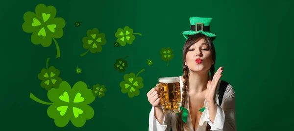 Funny young woman with beer on color background. St. Patrick\'s Day celebration