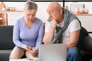 Stresli yaşlı çift evde para sayıyor.