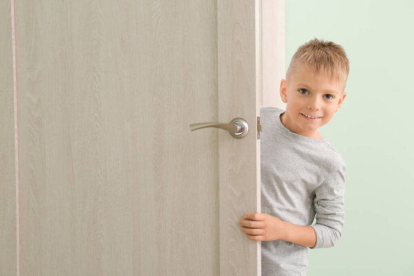 Cute little boy looking out the door