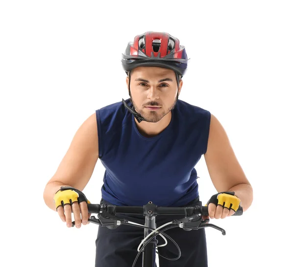 Pengendara Sepeda Pria Mengendarai Sepeda Dengan Latar Belakang Putih — Stok Foto