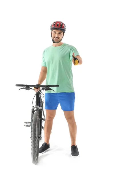 Ciclista Masculino Com Bicicleta Mostrando Polegar Para Cima Fundo Branco — Fotografia de Stock