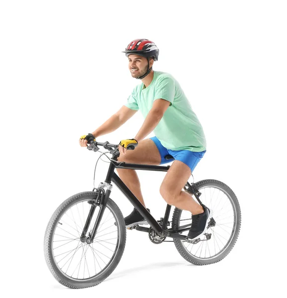 Ciclista Masculino Andar Bicicleta Fundo Branco — Fotografia de Stock