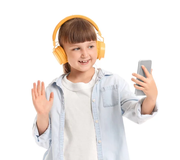 Little Girl Mobile Phone Headphones White Background — Stock Photo, Image