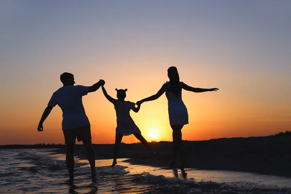 日落时在海滩上快乐的一家人 — 图库照片