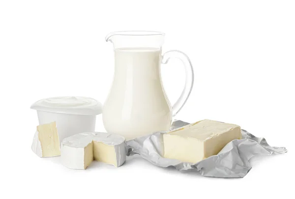 Different Dairy Products White Background — Stock Photo, Image