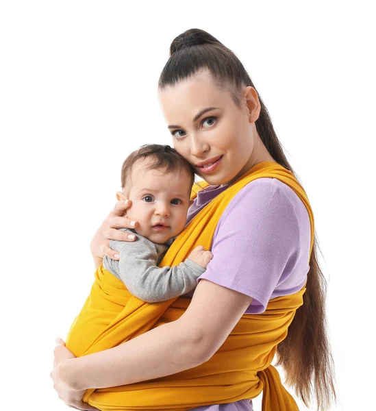 Young Mother Little Baby Sling White Background — Stock Photo, Image