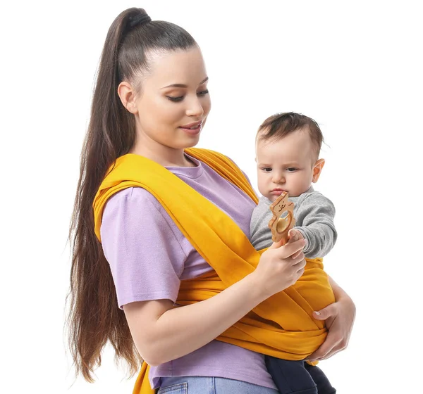 Beyaz Arka Planda Küçük Bir Bebeği Olan Genç Bir Anne — Stok fotoğraf