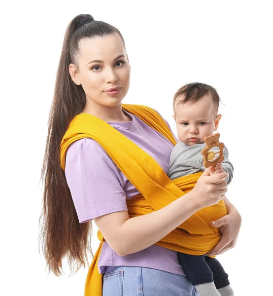 Young Mother Little Baby Sling White Background — Stock Photo, Image