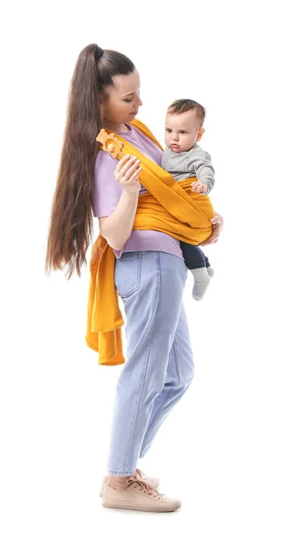 Young Mother Little Baby Sling White Background — Stock Photo, Image