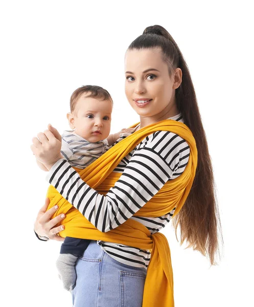 Young Mother Little Baby Sling White Background — Stock Photo, Image