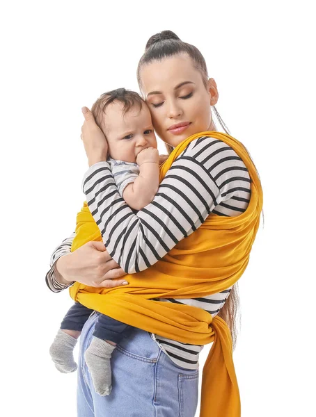 Joven Madre Con Bebé Honda Sobre Fondo Blanco — Foto de Stock