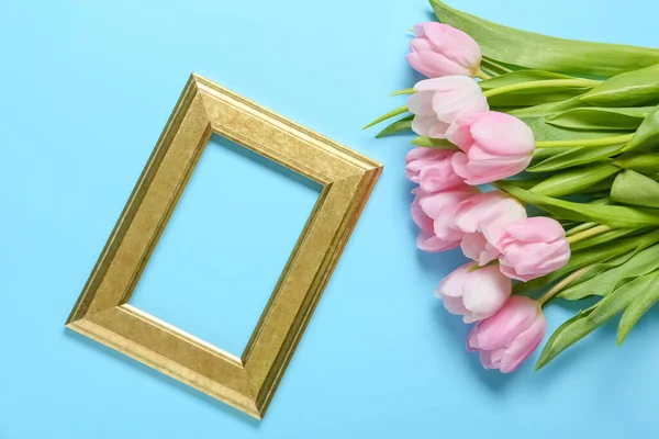 Mooie Bloemen Leeg Frame Kleur Achtergrond — Stockfoto