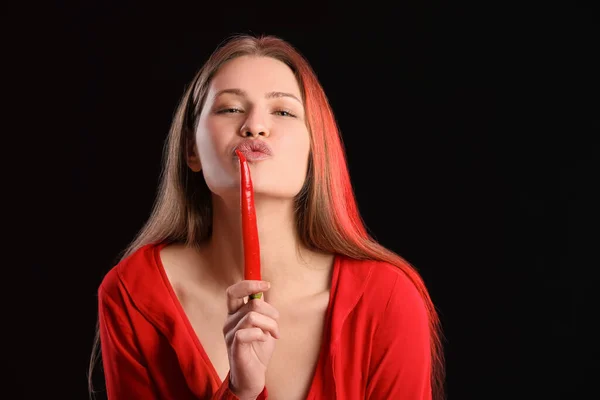 Sexy Young Woman Hot Chili Pepper Dark Background — Stock Photo, Image