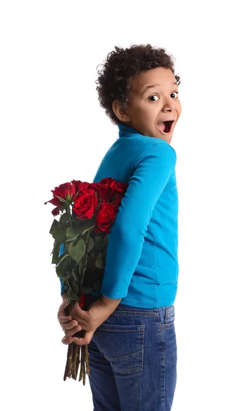 Здивований Афро Американський Хлопчик Букетом Красивих Квітів Білому Тлі — стокове фото