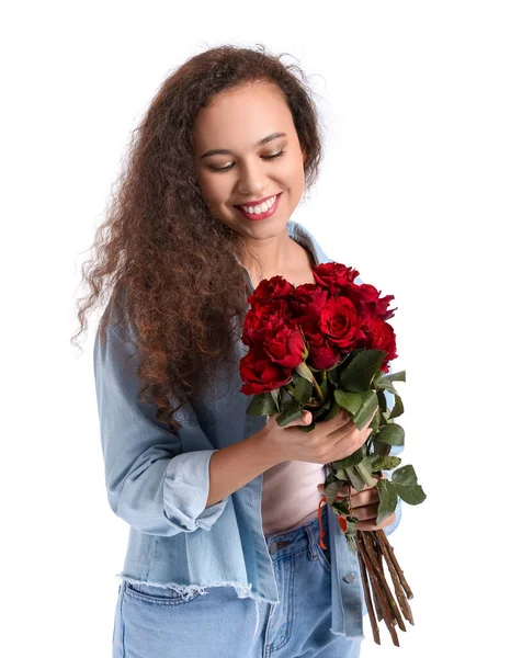 Afroamerikansk Kvinna Med Bukett Vackra Blommor Vit Bakgrund — Stockfoto