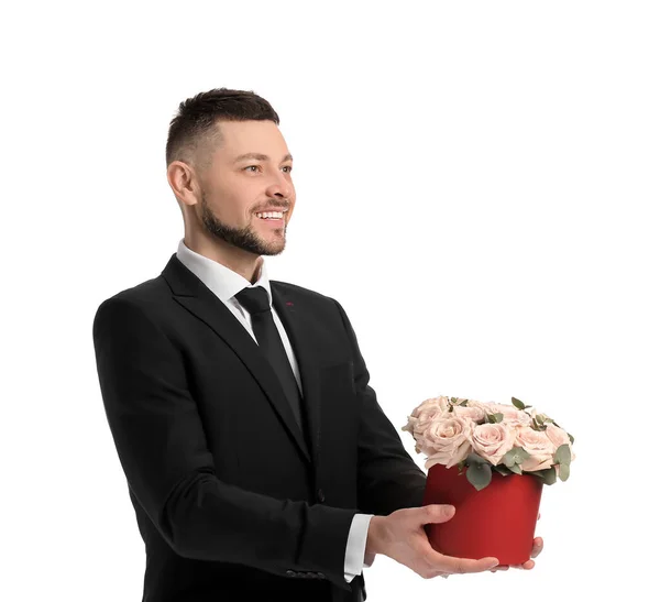 Bonito Homem Com Buquê Flores Bonitas Fundo Branco — Fotografia de Stock